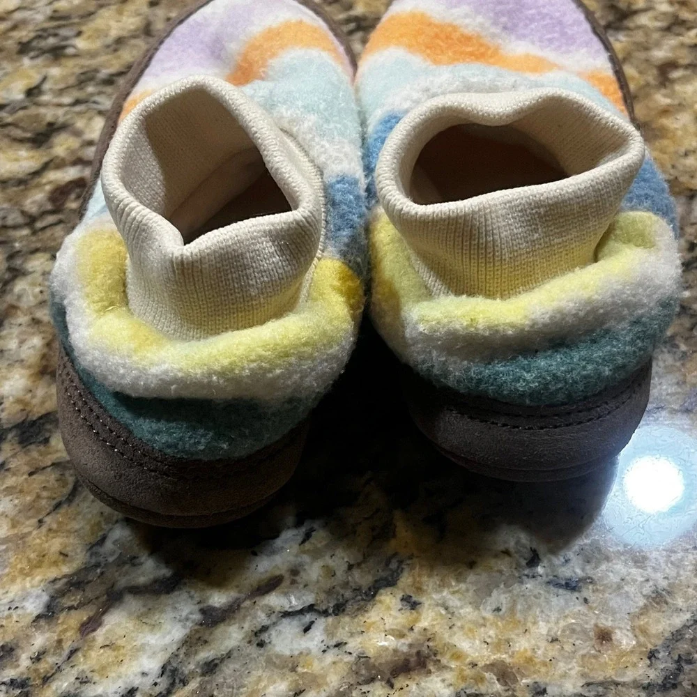 LL Bean Toddler Fleece Striped Slippers Multi-Color Pastel Knit Collar 7-8